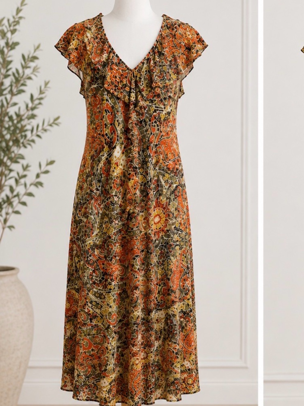 CATO Paisley Print Ruffle Dress with Attached Slip, V neck, Large